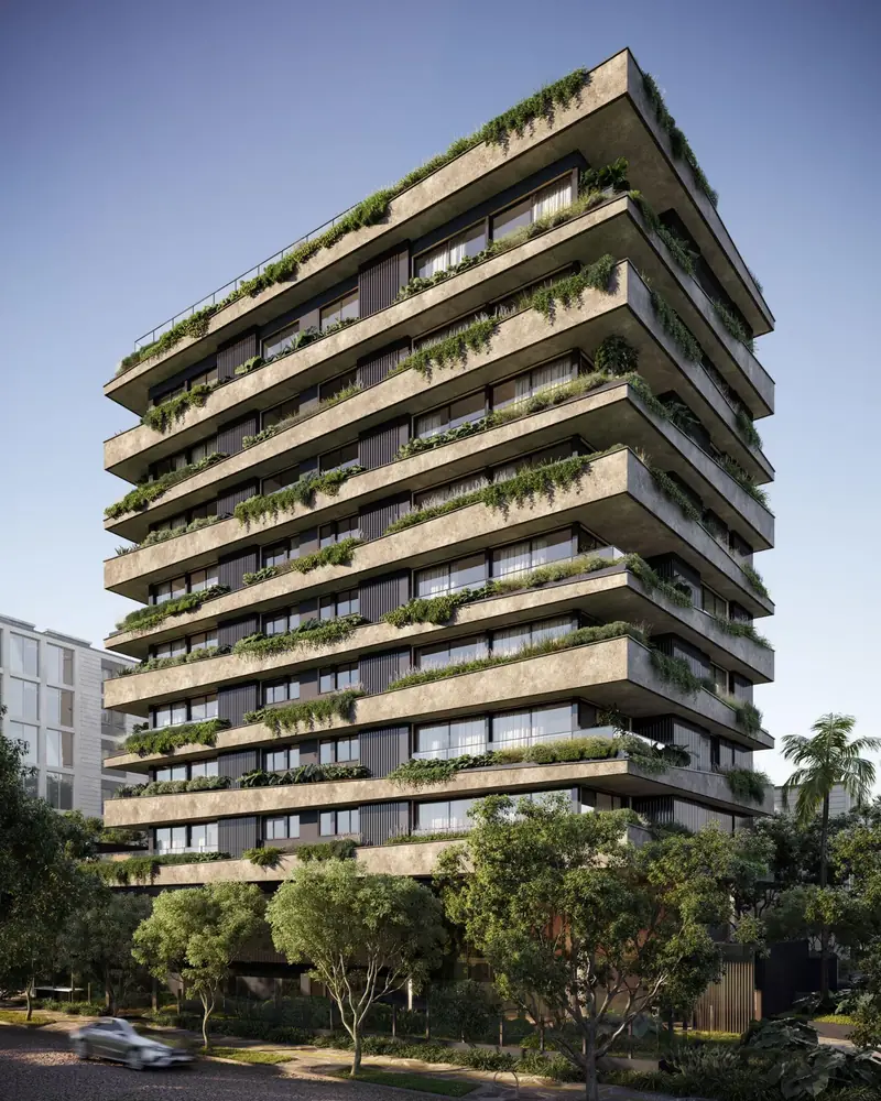 Fachada com vegetação no concreto aparente